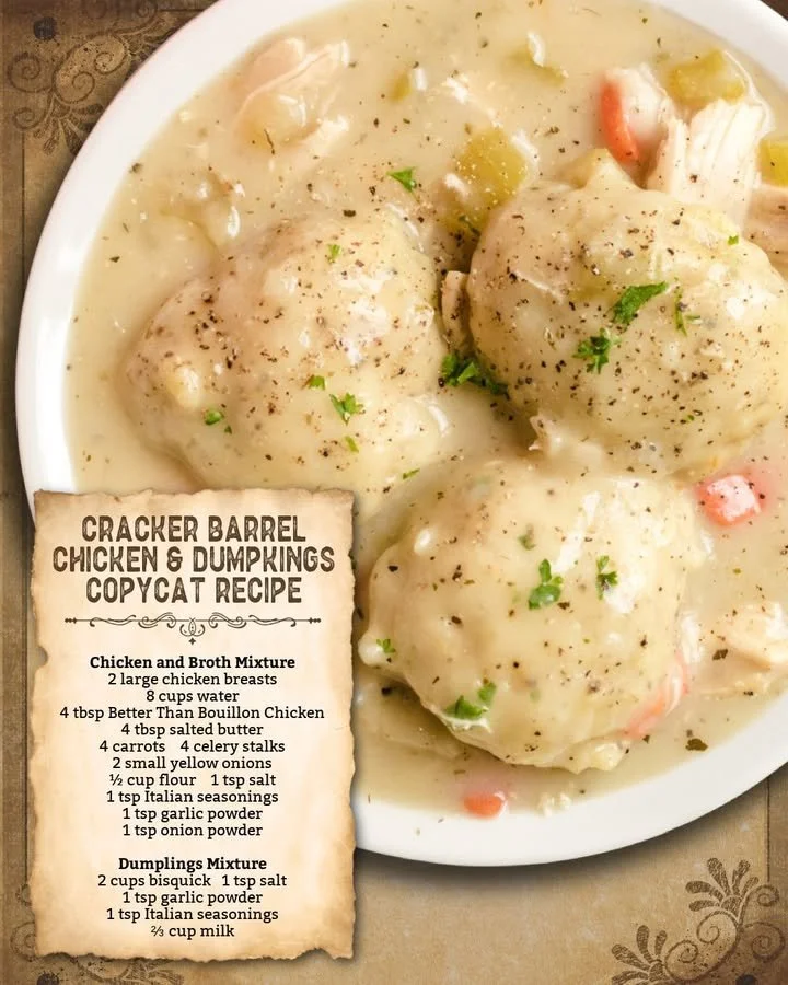 Bowl of delicious Chicken and Dumplings with herbs and vegetables