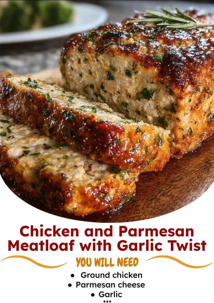 Delicious Chicken Meatloaf with Parmesan cheese and garlic served on a plate