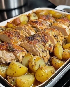 Delicious Chicken and Potato Bake with herbs and melted cheese