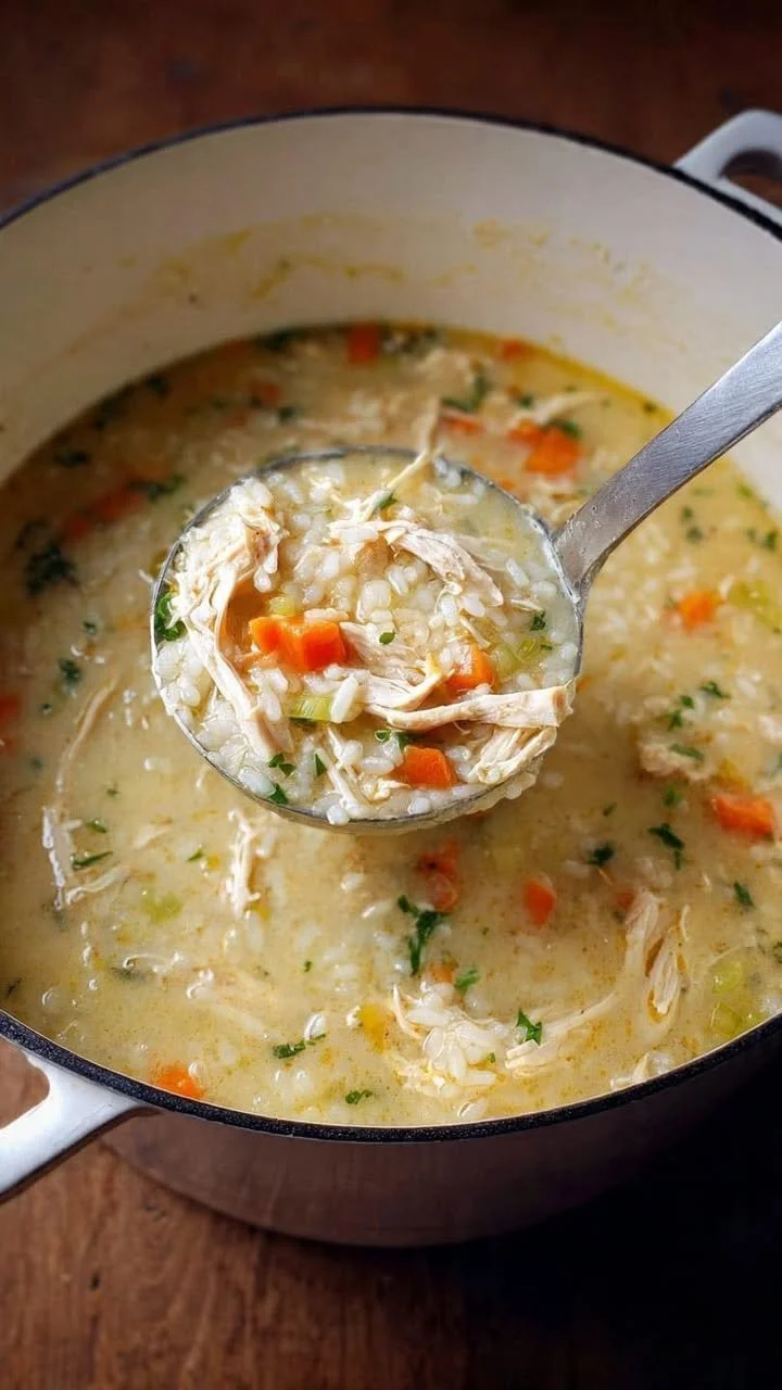 Delicious bowl of homemade Chicken Rice Soup with herbs and vegetables