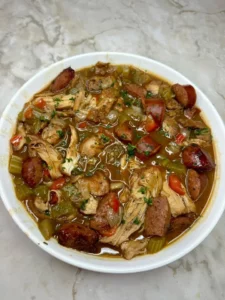 Delicious Chicken and Sausage Gumbo served in a bowl with rice