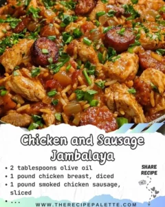 A delicious plate of Chicken and Sausage Jambalaya with colorful vegetables and spices.