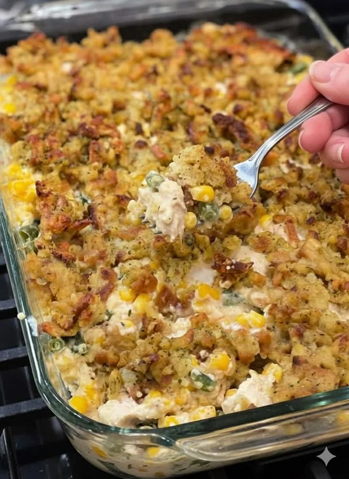 Delicious chicken and stuffing casserole served in a baking dish