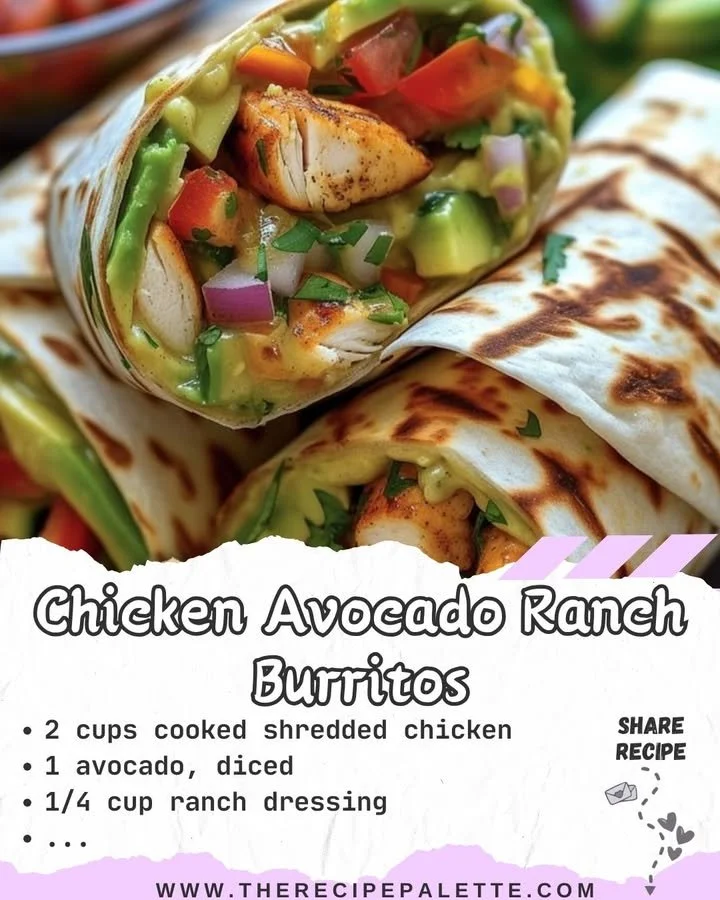 Delicious Chicken Avocado Ranch Burritos filled with chicken and avocado