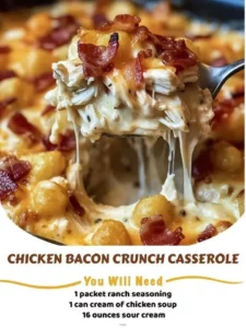 Delicious Chicken Bacon Crunch Casserole topped with crispy bacon