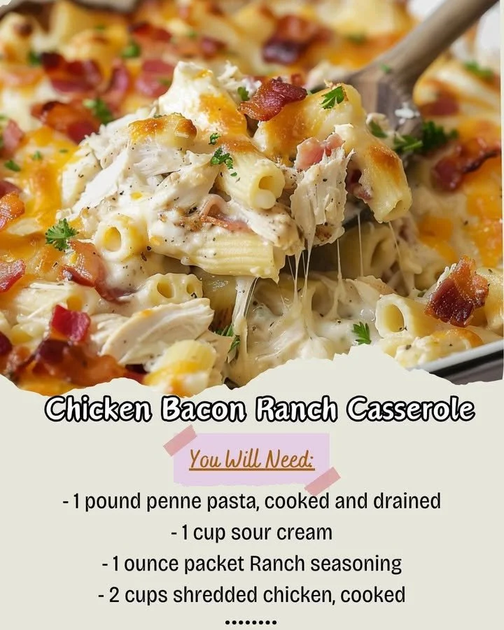 Delicious Chicken Bacon Ranch Casserole topped with cheese and crispy bacon