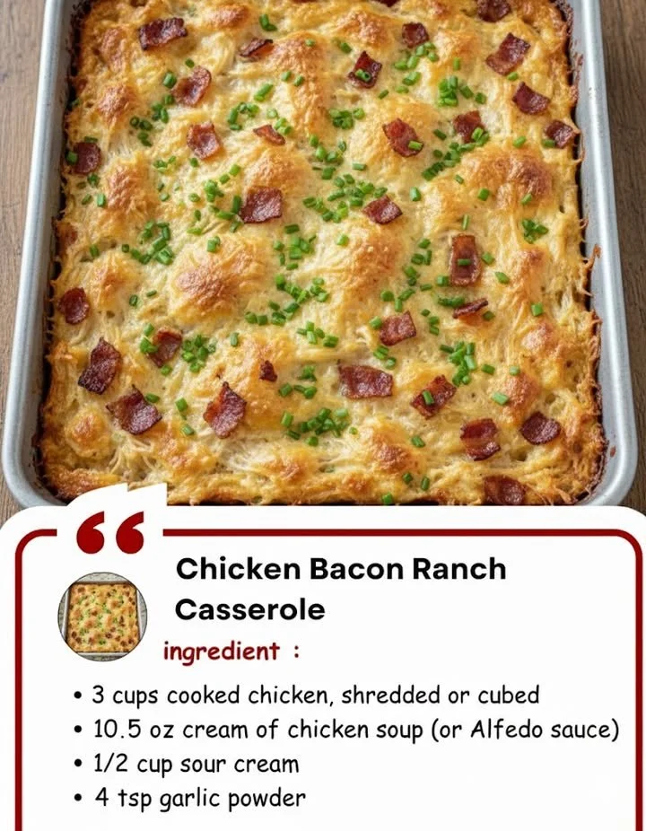 Delicious Chicken Bacon Ranch Casserole topped with crispy bacon and flavorful ranch dressing