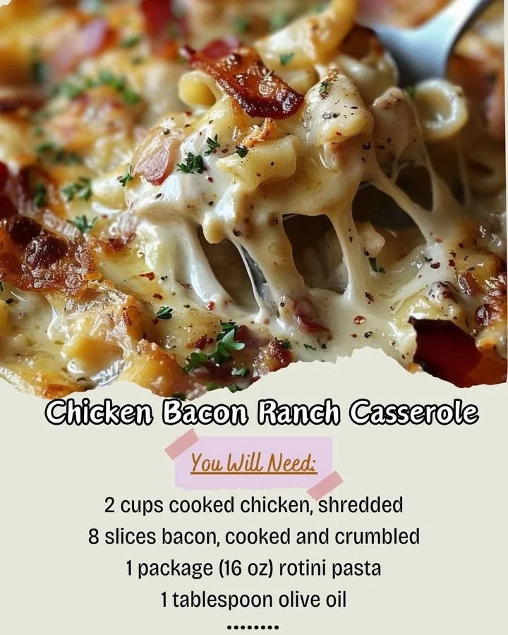 Delicious Chicken Bacon Ranch Casserole topped with crispy bacon and cheese