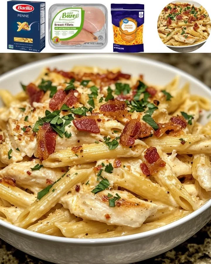 Delicious bowl of Chicken Bacon Ranch Pasta topped with crispy bacon and herbs