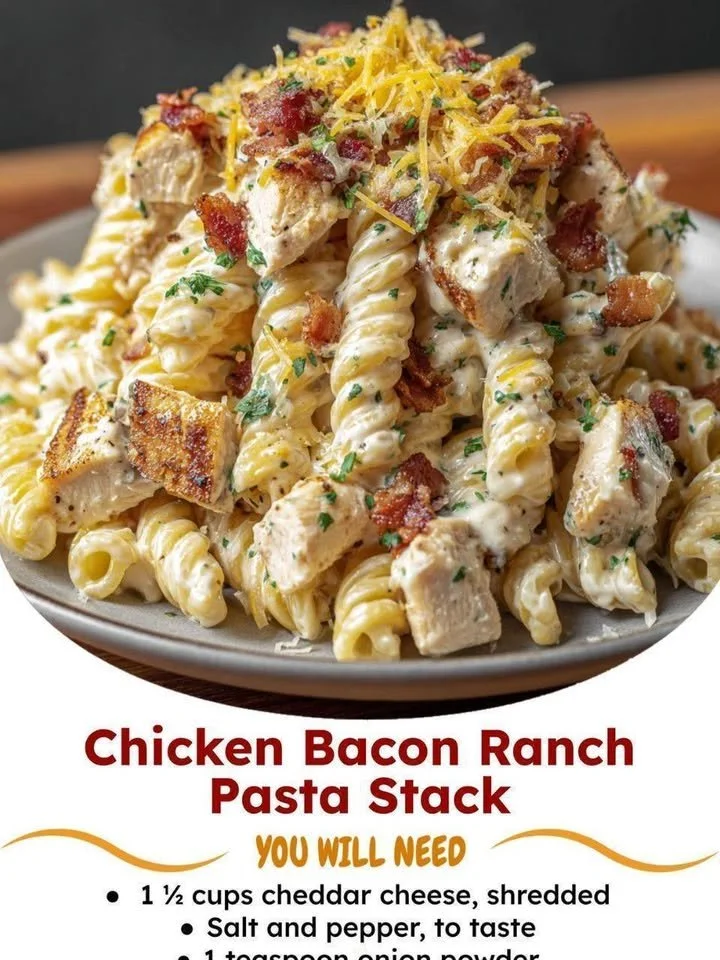 Delicious Chicken Bacon Ranch Pasta topped with crispy bacon and fresh herbs