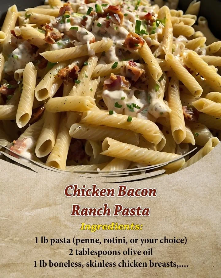 Delicious Chicken Bacon Ranch Pasta in a creamy sauce with bacon and chicken