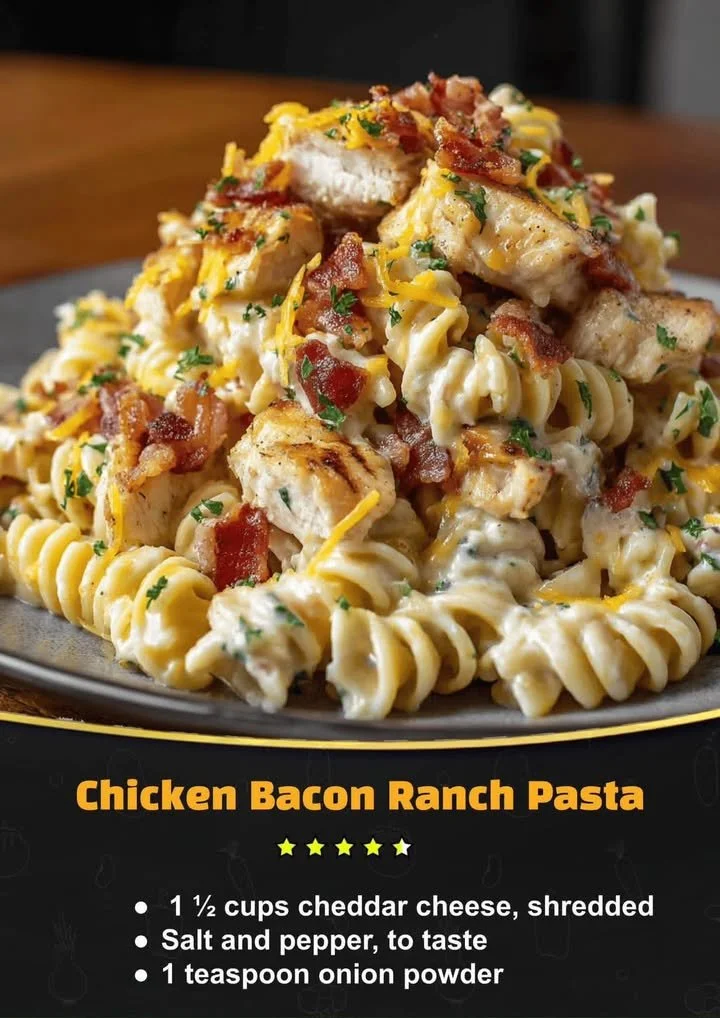 Delicious Chicken Bacon Ranch Pasta served in a bowl with crispy bacon and fresh herbs.