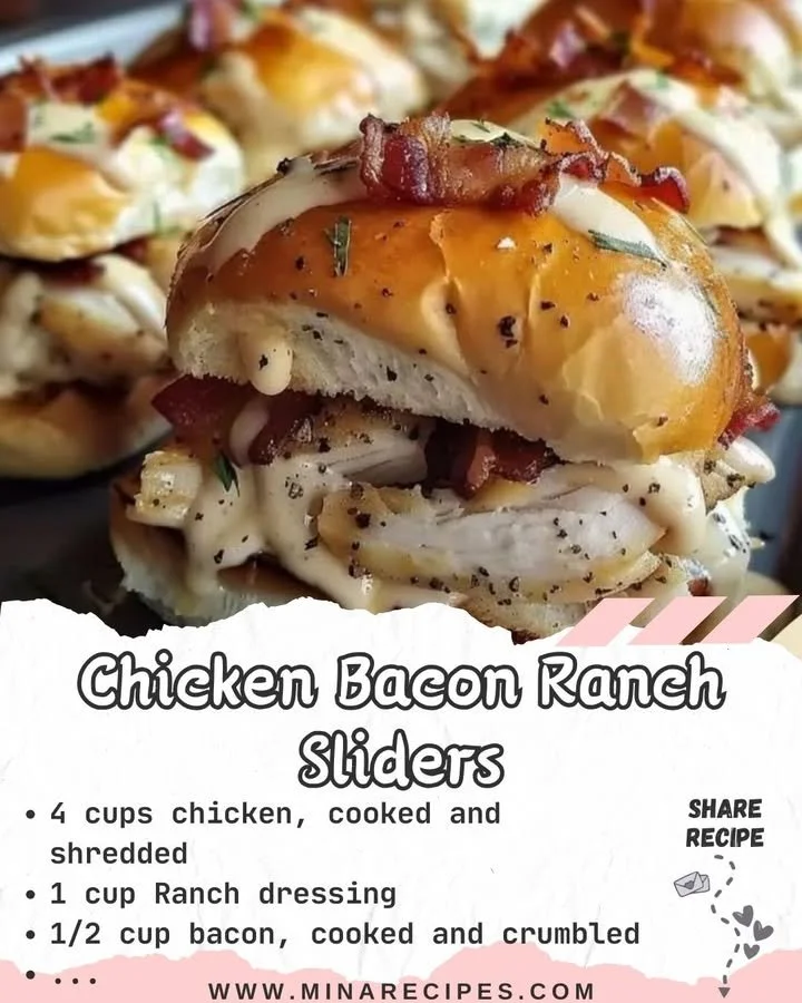 Chicken Bacon Ranch sliders with melted cheese and fresh toppings on a platter