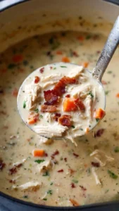 Bowl of creamy Chicken Bacon Ranch Soup topped with crispy bacon and fresh herbs.