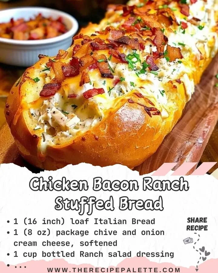 Delicious Chicken Bacon Ranch Stuffed Bread with melty cheese and fresh ingredients
