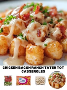 Delicious Chicken Bacon Ranch Tater Tot Casserole topped with crispy bacon