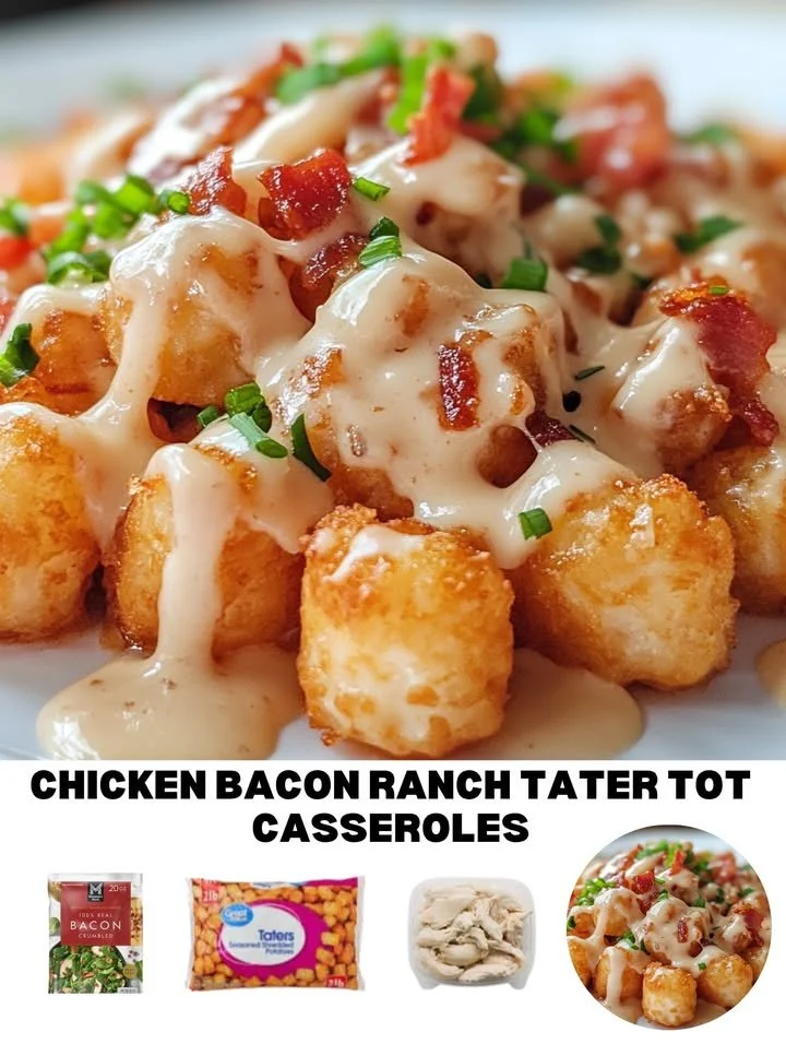 Delicious Chicken Bacon Ranch Tater Tot Casserole topped with crispy bacon