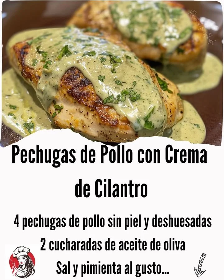 Plate of chicken breasts topped with cilantro cream sauce