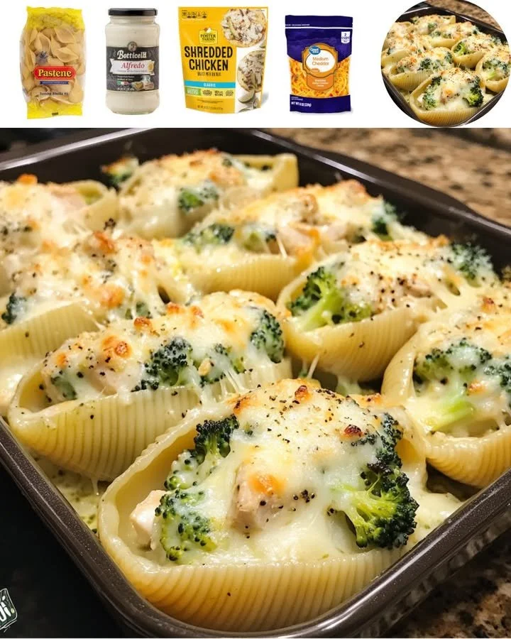 Chicken Broccoli Alfredo Stuffed Shells garnished with parsley in a baking dish