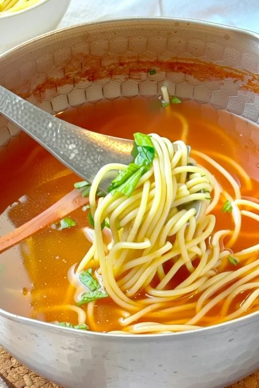 A bowl of homemade chicken broth garnished with herbs.