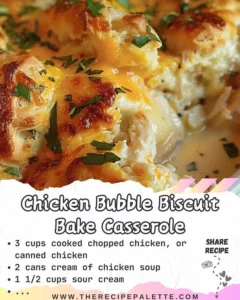 Delicious Chicken Biscuit Bake Casserole with fluffy biscuits and savory chicken.