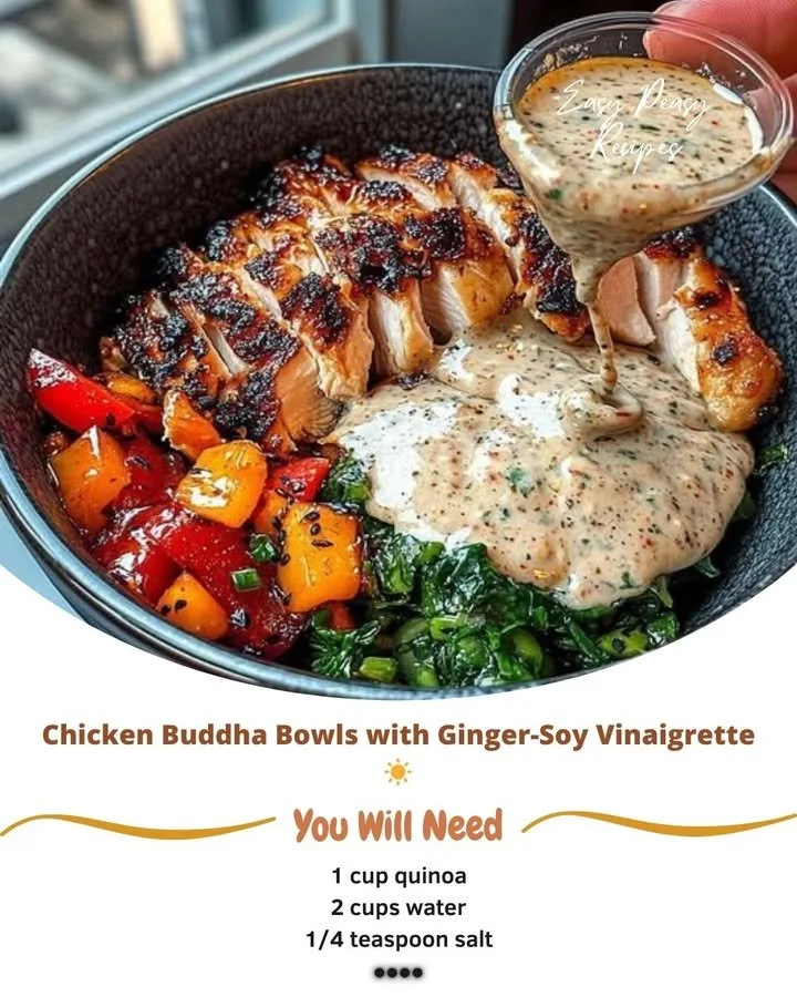 Delicious Chicken Buddha Bowl topped with ginger-soy vinaigrette