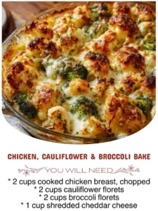 A delicious Chicken, Cauliflower & Broccoli Bake topped with cheese and herbs.