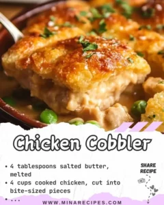 Delicious homemade Chicken Cobbler served in a dish with herbs on top.