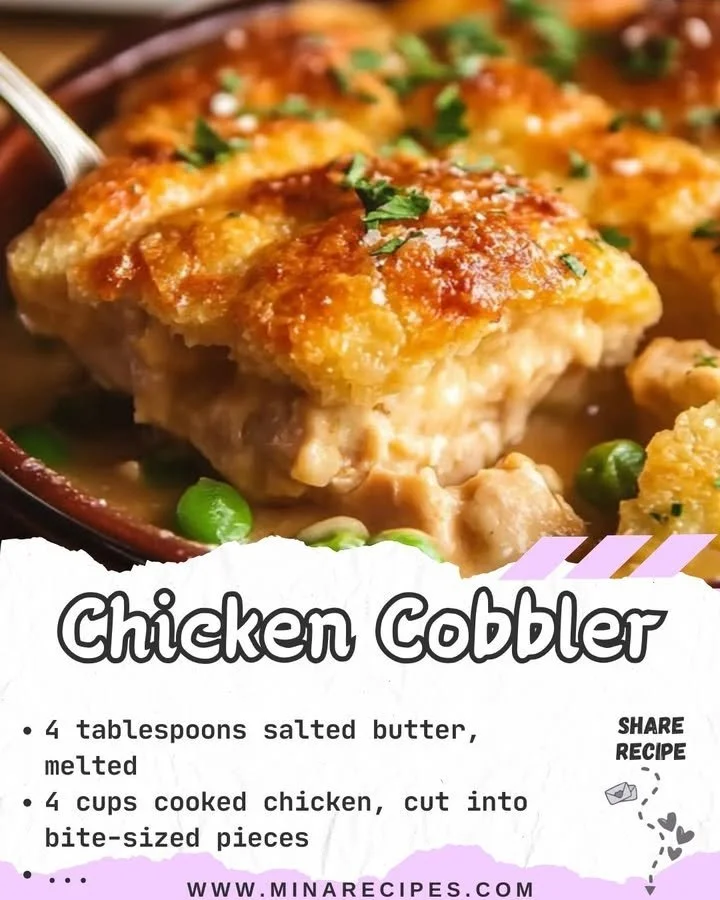 Delicious Chicken Cobbler served in a bowl with flaky biscuit topping.