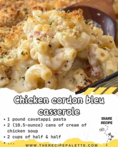 Creamy Chicken Cordon Bleu Casserole with chicken, ham, and cheese baked to perfection.
