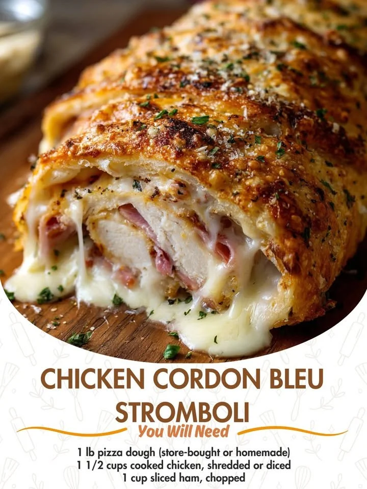 Delicious Chicken Cordon Bleu Stromboli with ham and cheese filling