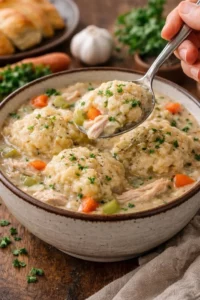 Bowl of Chicken & Dumplings with tender chicken pieces and fluffy dumplings