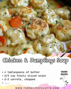 A bowl of Chicken Dumplings Soup with tender chicken and fluffy dumplings