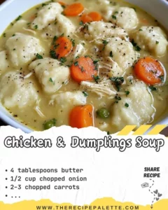 Delicious Chicken & Dumplings Soup served in a bowl with herbs on top