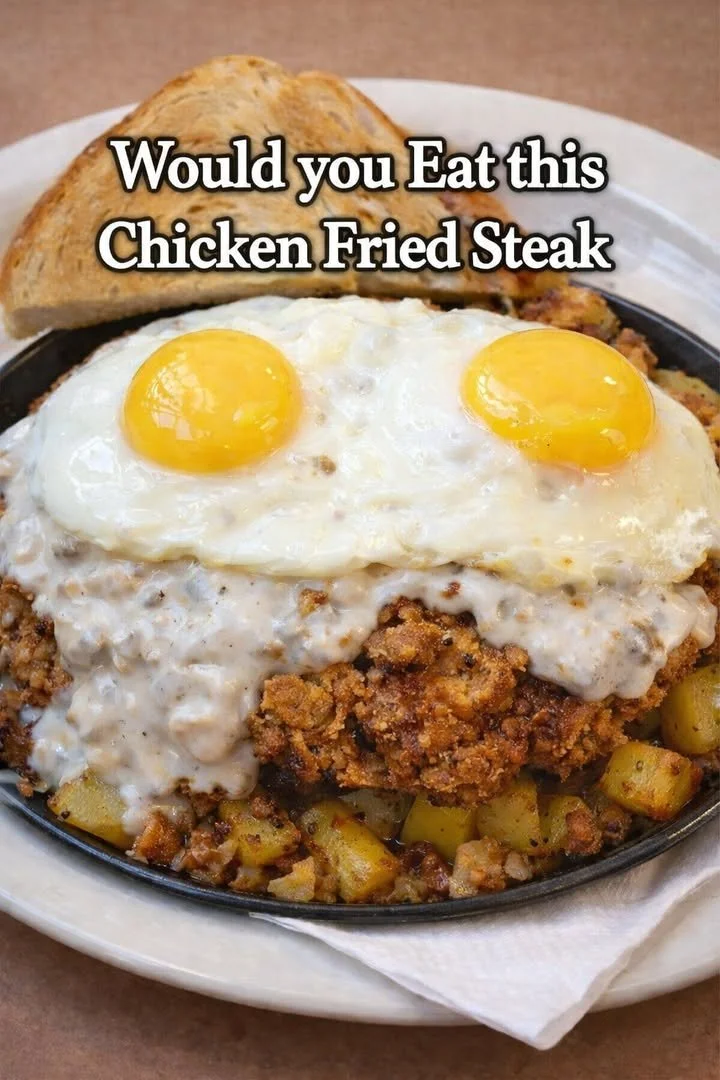 A plate of Chicken Fried Steak with gravy and sides of mashed potatoes and green beans.