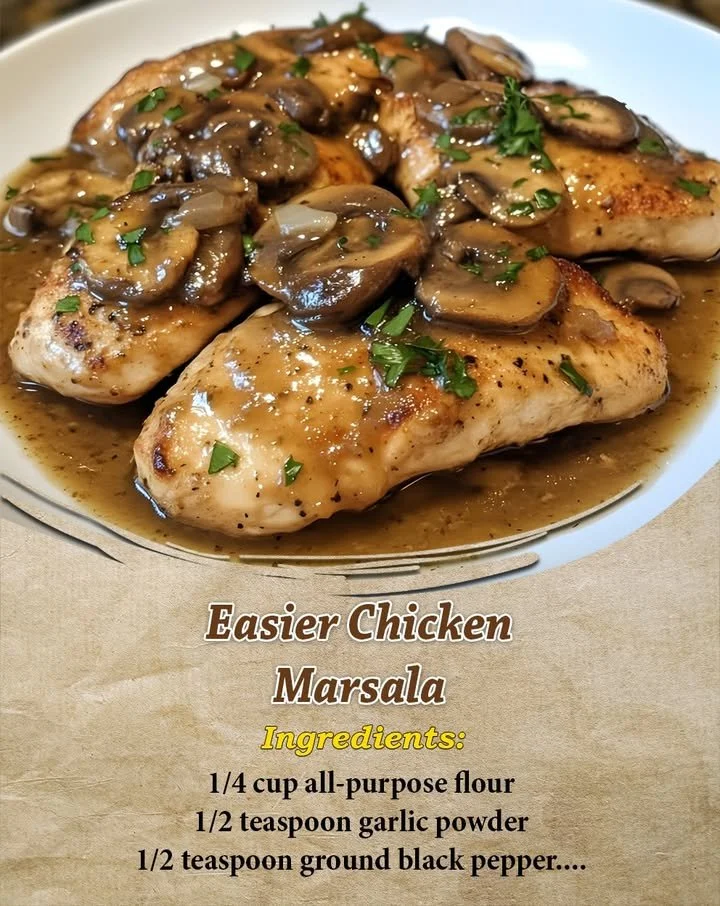 Plate of Chicken Marsala with mushrooms and wine sauce garnished with herbs