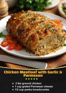 Delicious Chicken Meatloaf topped with Garlic and Parmesan cheese