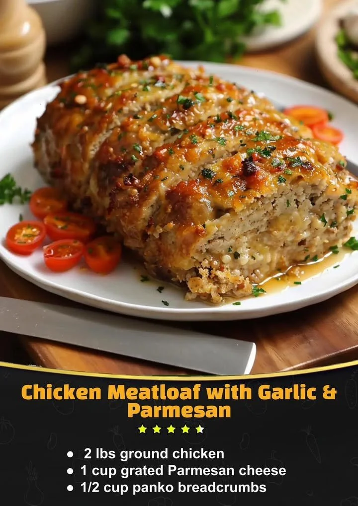 Delicious Chicken Meatloaf topped with Garlic and Parmesan cheese