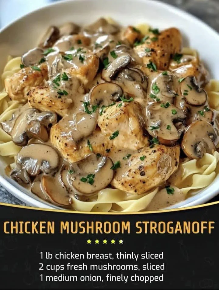 Delicious Chicken Mushroom Stroganoff served in a bowl with creamy sauce and mushrooms