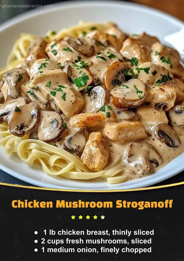 Delicious Chicken Mushroom Stroganoff served on a plate with fresh herbs.