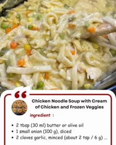 Bowl of chicken noodle soup with cream of chicken and mixed frozen vegetables