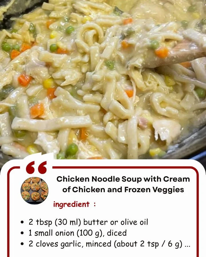 Bowl of chicken noodle soup with cream of chicken and mixed frozen vegetables