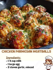 Delicious Chicken Parmesan Meatballs served with spaghetti and marinara sauce