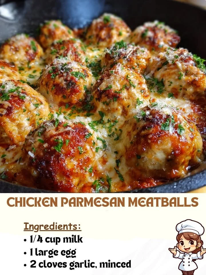 Delicious Chicken Parmesan Meatballs served with spaghetti and marinara sauce