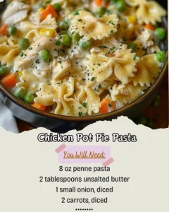 Delicious Chicken Pot Pie Pasta served in a bowl with fresh ingredients.