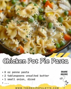 Delicious Chicken Pot Pie Pasta garnished with fresh herbs.