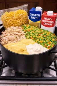 Delicious Chicken Pot Pie Pasta served in a bowl with creamy sauce and vegetables