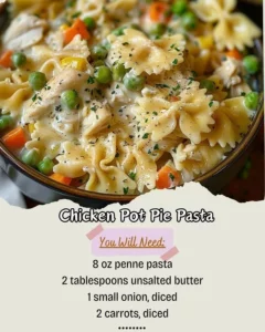 Delicious Chicken Pot Pie Pasta served in a creamy sauce with vegetables