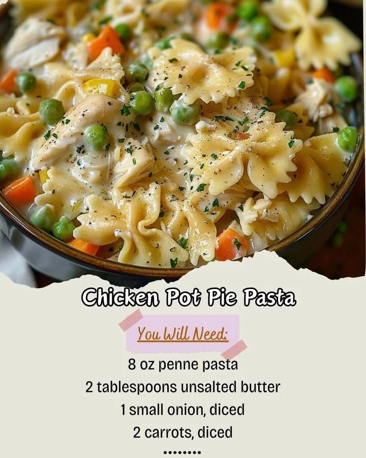 Delicious Chicken Pot Pie Pasta served in a creamy sauce with vegetables