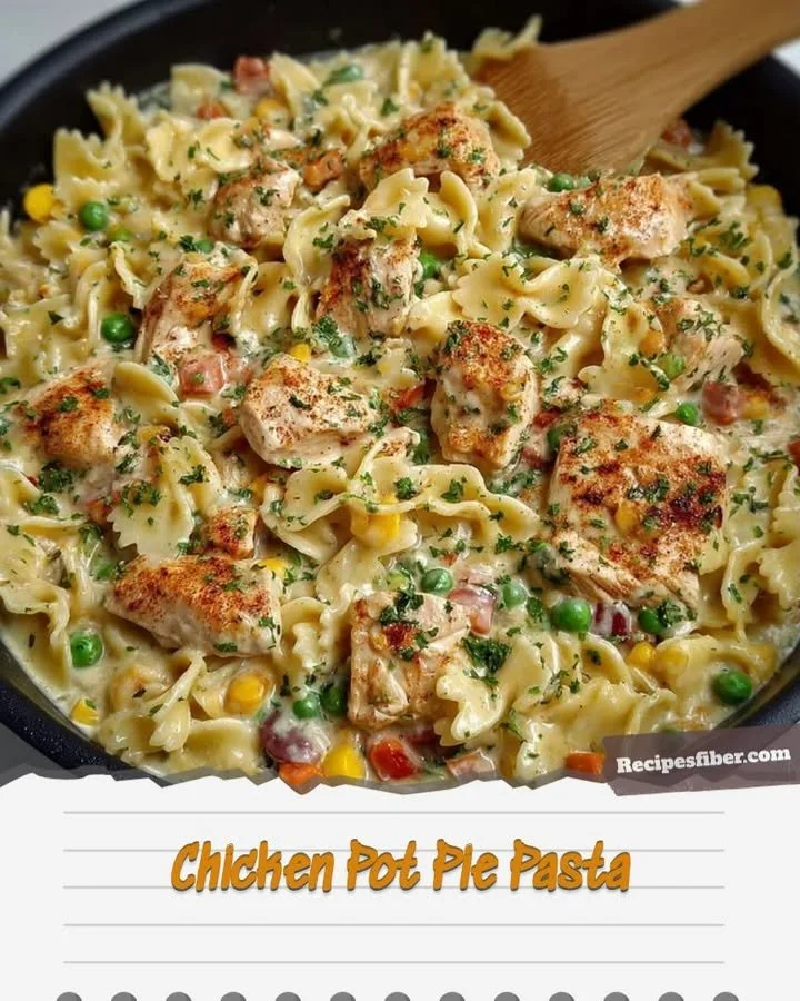 Delicious Chicken Pot Pie Pasta dish topped with herbs and served in a bowl